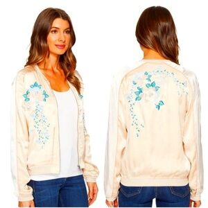 Blank NYC Satin Bomber Jacket Embroidered Floral Cream